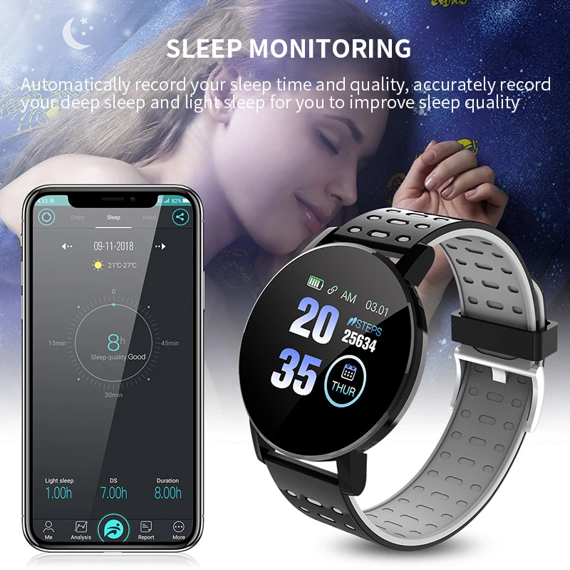 Bracelet de Fitness intelligent, montre de fréquence cardiaque étanche, horloge électronique numérique multifonctionnelle pour téléphone Android 119 Plus